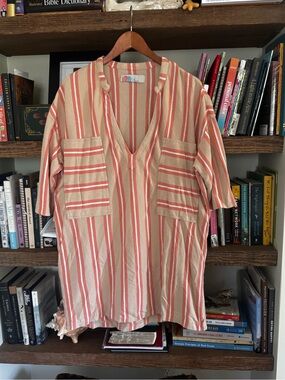 Free People Coral and Cream Striped V-Neck Swim Coverup